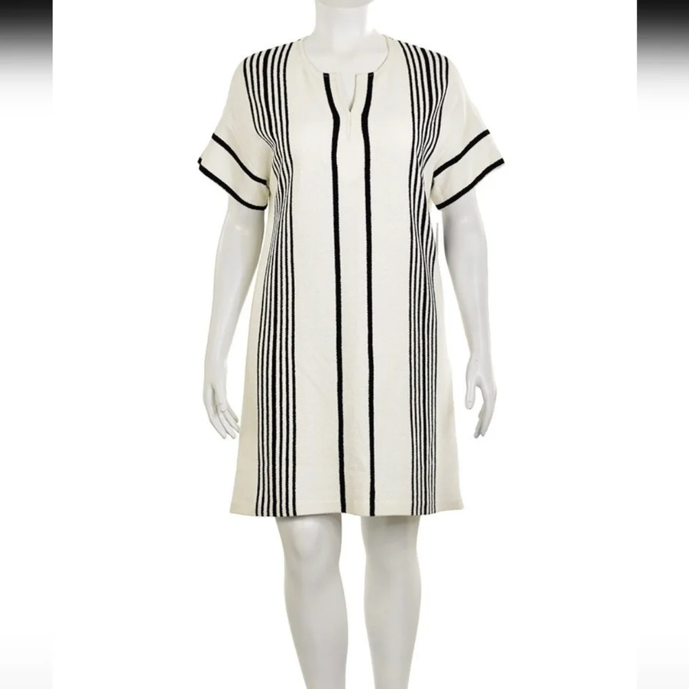 St John white black Terry Cloth  striped knit tunic dress size L - Picture 5 of 16